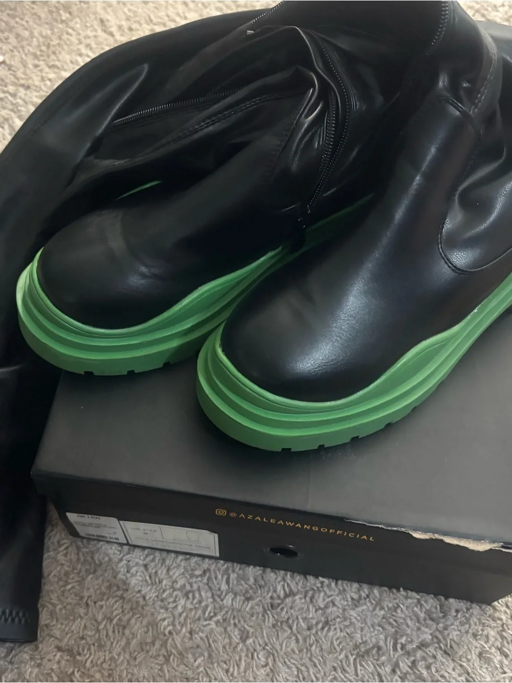 Womens  Black Leather Boots with Green Sole